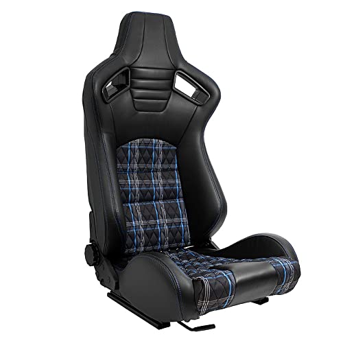 AutoStyle Siège baquet 'GT' - Simili Cuir Noir + Tissu en motif à carreaux Bleu + Surpiqûres Bleu - Dossier réglable - incl. glissières