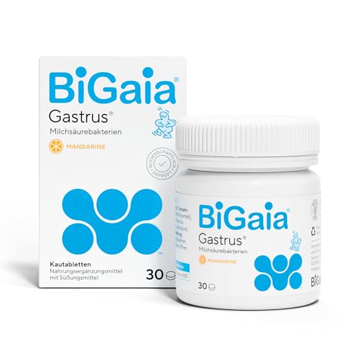 BiGaia Gastrus | Nahrungsergänzungsmittel für Erwachsene | Mit patentierten Lactobacillus reuteri/L. reuteri-Milchsäurebakterien | Mandarinengeschmack | Wissenschaftlich getestet | 30 Kautabletten