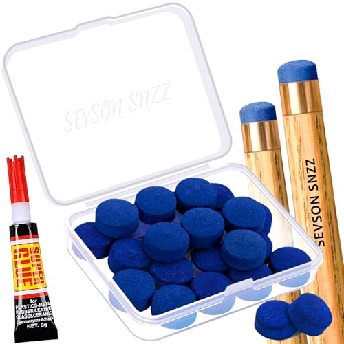 SEVSONSNZZ Pool Stick Tips Billiards - 13MM Cue Tips Leather Glue-on Tips Replacement Accessories Kits Tools with Storage Box for Snooker Stick Top Pool Queue Table Game Bar Club House Blue