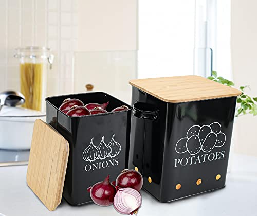 Image of Kitchen Vegetable Storage Tins Set of 2, Onion and Potato Storage Bins with Wooden Lid and Aerating Holes, Garlic Bin Caddy, Vintage Kitchen Decor, Black