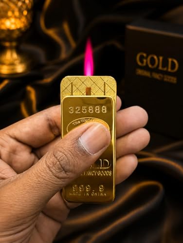 Image of Alkey Metal Gold Bar Lightr Fire Butane Gas Smoke Lighter Inflatable Cigarette Cigar Gasoline Engine Oil Lighter Gadget Cigarette Stylish Pocket Lighter (Gold Red Flame)