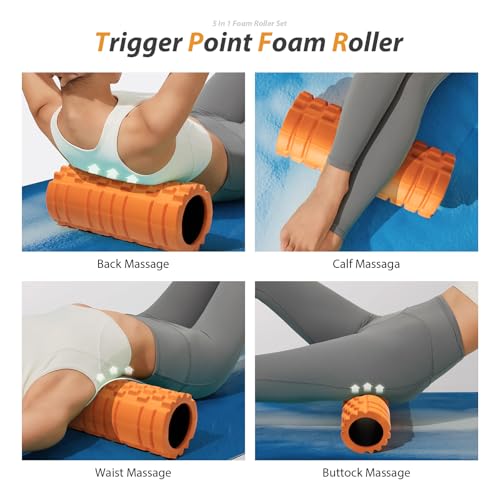 5-in-1 Foam Roller Set for Deep Tissue Muscle Massage, Trigger Point Fitness Tool with Muscle Stick Roller, Massage Ball, Stretching Strap for Whole Body (Orange-New) - Image 4