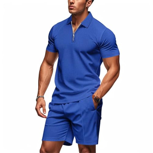Wjnvfioo Men's Summer Loose-Fitting Zip-Up Short-Sleeved Polo Shirt Casual Shorts Suit2