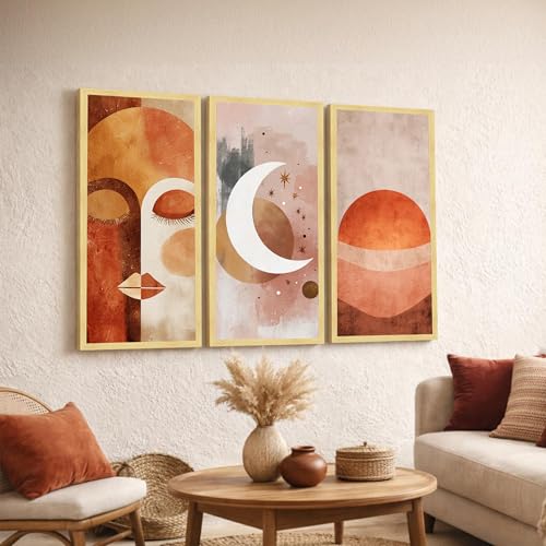 Image of PAINTINGMANTRA Abstract Face & Celestial Framed Wall Art Set of 3 | Modern Boho Art Prints with Engineered Wood Frame | Wall Decor for Living Room, Bedroom & Office, 8.9x18.9 Inch