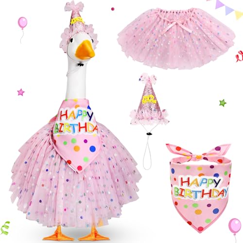 Locmeo 3 Pcs Birthday Porch Goose Outfit for 23 /17 Cement Lawn Goose Clothes Happy Birthday Hat and Tutu Skirt Bandana(Pink)