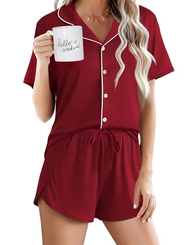 Image of Ekouaer Pajamas for Women Set Button Up Sleepwear 2 Piece Pjs Lounge Set Short Sleeve Nightwear