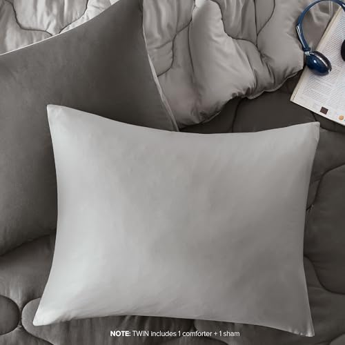 Image of Comfort Spaces Comforter Set Vibrant Reversible Comforters Twin Size Quilted Bedding Set, All Season Lightweight Bedding, Soft Microfiber Comforter, Vixie, Grey /Light Grey Twin /Twin XL 2 Piece