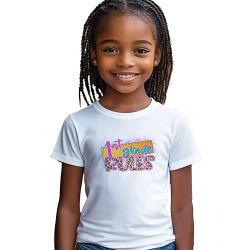 First Grade Rules #1 Kids Shirt, YS-YXL, Girls, Ruler, Leopard Print, Colorful, Great for The First Day of School Or Everyday
