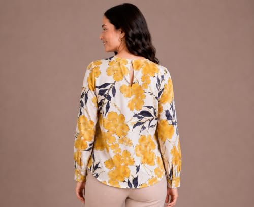 Image of Mirana Women's Full Sleeve Solid Top | Round Neck Pleated Front Regular Fit Office Casual Blouse with Button Cuffs
