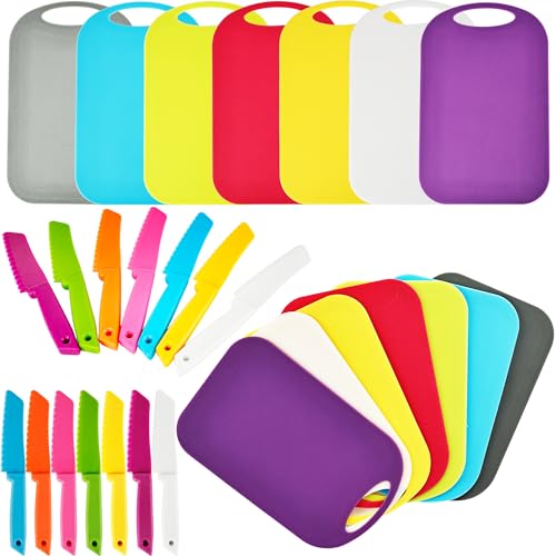 Drayear 28 Pcs Kids Cutting Board and Knife Set Including 14 Pcs Plastic Safe Knives 14 Pcs Kids Colorful Chopping Boards for Kids Toddlers Preschool Cooking Toys Kitchen Learning Play
