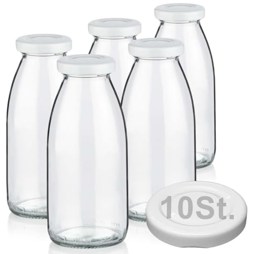 Geniess-Bar! 5 Milchflaschen 250ml mit 10 Deckel BPA frei Saftflaschen Glasflaschen 0,25L auch erhältlich mit 2/8/15 Flaschen Weithalsflaschen leer zum Befüllen Schraubdeckel