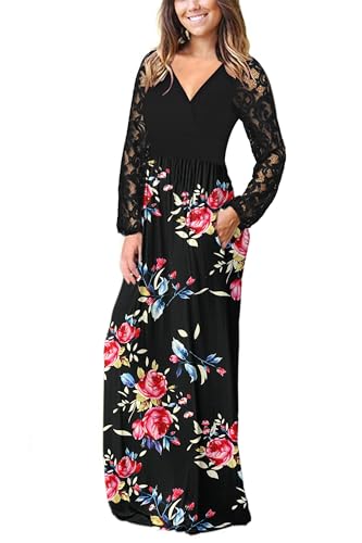 Image of AUSELILY Womens Long Sleeve Maxi Dress 2026 Fall Lace Long Sleeve Dress V Neck Wrap Waist Long Dresses with Pockets