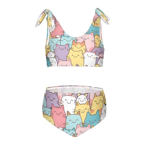Girls Swimsuits Set 2pcs Colored of Cats Bathing Bikini Suits Tie Tankini