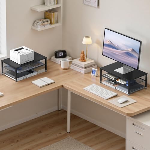 Image of ECOLOVI 2-Tier Computer Monitor Stand Riser, Printer & Laptop Stand, Office Desk Accessories, Workspace Desk Organizer for Home Office Supplies, Black 2-Pack