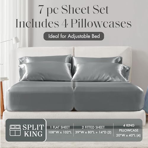 Image of Madison Park Essentials Satin Sheets Split King Size Bed Set, 7 Piece, Grey | Luxury and Smooth Silky Bedding with Natural Sheen, All Around Elastic 14 inch Pocket fits up to 16 inch Mattress, Year-Round Cozy