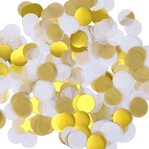 Image of TecUnite White Gold Confetti Round Tissue Paper Table Confetti Dots for Wedding Birthday Party Decoration Arts Craft DIY Scrapbooking, 1.76 oz (2.5 cm)