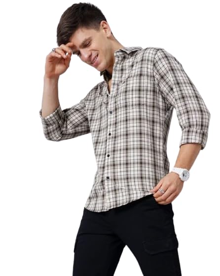 Image of Men's Cotton Casual Checked Classic Collar Slim Fit Shirt