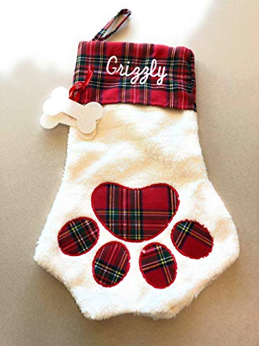3D Personalized Embroidered Plaid Dog Paw Christmas Stocking (Red Plaid-Dog)-1 Stocking