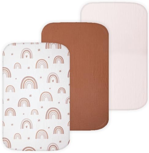 Image of TansyPanda Muslin Bassinet Sheets for Bellababy, Fodoss, KoolerThings, Besrey, Koola Baby Bedside Sleeper, 3 Pack, 20×33 in, Ultra Soft, Breathable, Snug Fit, Unisex Boys and Girls, Brown Rainbow