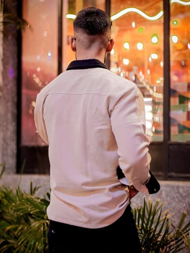 Image of Maniac Mens Solid Collared Neck Full Sleeve Biscuit and Black Cotton Shirt