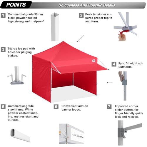 Image of ABCCANOPY 10x10 Commercial Pop up Canopy Tent with Awning Sidewall,Red