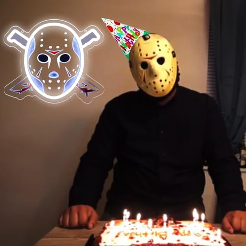 Image of Horror Mask LED Neon Sign, Scary Slasher Jason Neon Light for Wall Decor, 12 * 10 Inches, USB Powered Neon Lamp for Halloween, Bar, Gaming Room, Man Cave, Horror Movie Room Decor