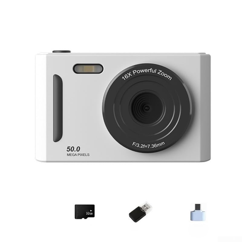 Cámara digital 4K compacta para viajes y selfies con tarjeta de 32G blanca
