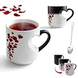 Gienslru Heart-Shaped Color Changing Magic Ceramic Mug, Heat Sensitive Magic Color Changing Coffee Mug with Red Heart Design, Valentine Themed Hearts Shaped Handle Ceramic Coffee Cup (White)