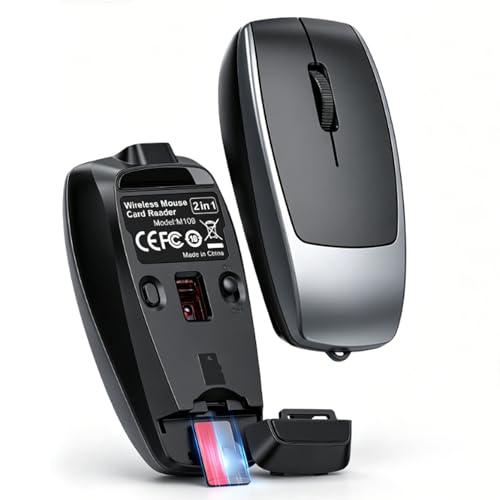 LICAEVEY Ratón Inalámbrico Bluetooth 2 en 1 y Lector de Tarjetas de Memoria para PC, Portátil, Tableta, Teléfono Inteligente, Ratón Portátil Compacto de 1600 dpi con Tarjeta de 2TB