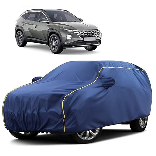 Image of Sulfar 100% Water Resistant Car Body Cover Compatible with Mirror for Hyundai Tucson (Triple Stitched, Full Bottom Elastic, Blue Taffeta with Yellow Piping)