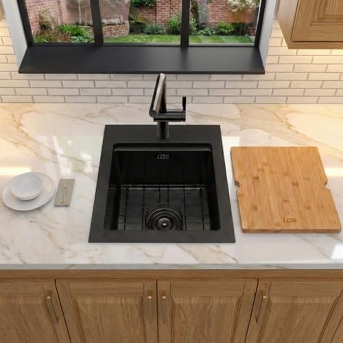Image of LQS Matte Black Stainless Steel Sink Drop In, 16 inch x 18 inch Black Small Laundry Sink, Prep Sink with Cutting Board Drop In, Black Kitchen Sinks with Workstation Ledge For RV, Outdoor and Prep Use