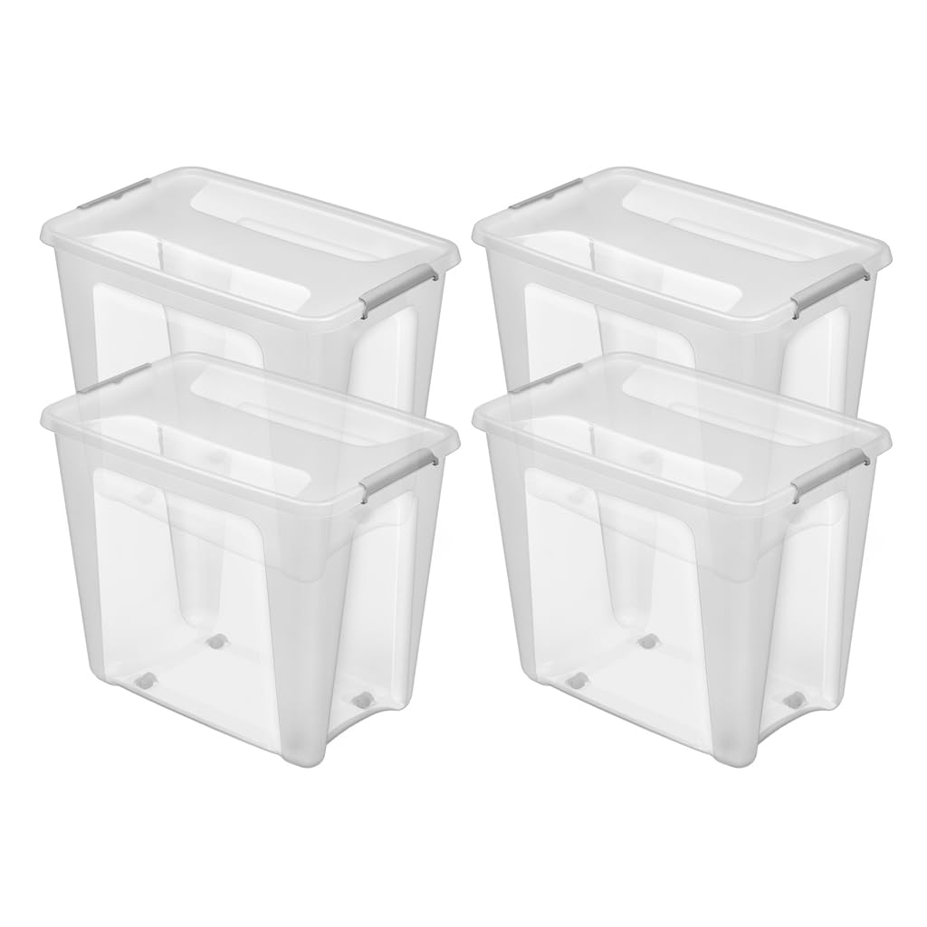 Kreher® Aufbewahrungsbox mit Deckel (4x73L) Robuste Transportbox, Kleiderbox, Kunststoffbox mit Deckel und Rollen, Stapelbar, lebensmittelecht und BPA-frei! Aus Kunststoff in Transparent.