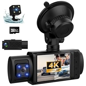 Dash Cam, 3 Channel Dash Cam, 4K+1080P Dash Cam Front and Inside, Triple Dash Cam for Car, Dash Camera with 32GB Card, 2160P Full UHD, G-Sensor, 170°Deg Wide Angle Dashboard with Infrared Night Vision