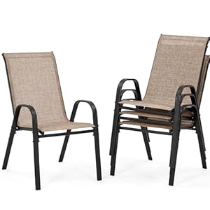 HOMREST Patio Chairs Set of 4,Outdoor Dining Chairs with Armrests,Backyard Stackable Chairs with Breathable Fabric & Metal Frame for All Weather,Brown