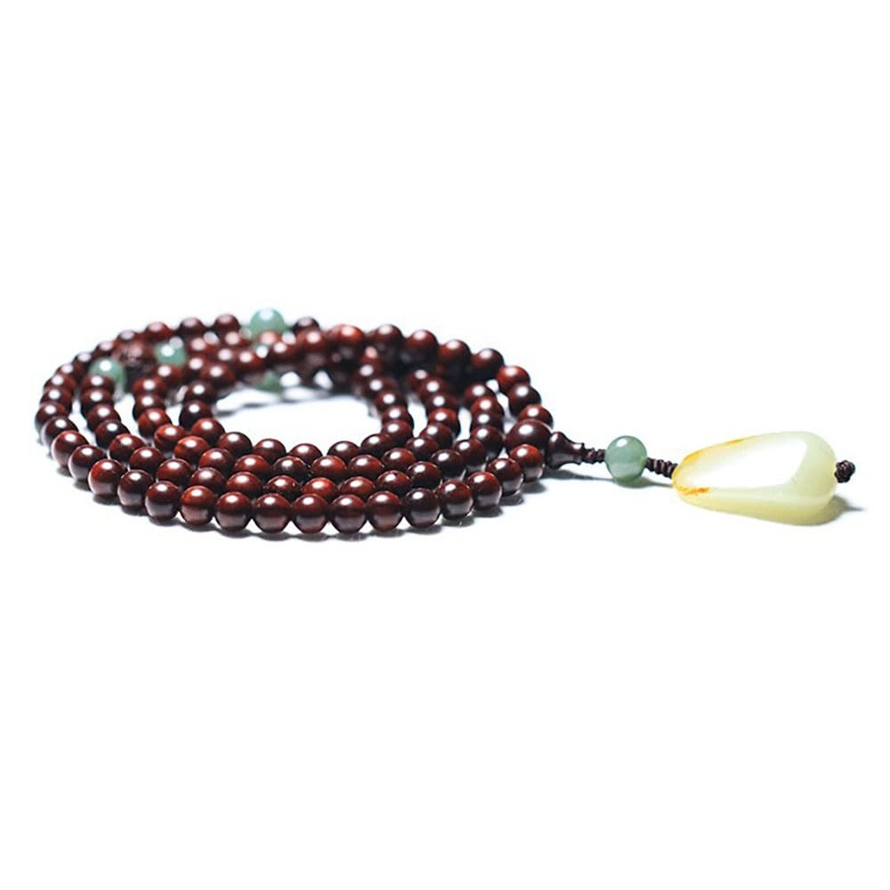 XANAYXWJ Legno di Sandalo Rosso Naturale 108 con Pendente in nefrite, Collana di Perle di Mala Buddista in Legno per Yoga, 8 mm