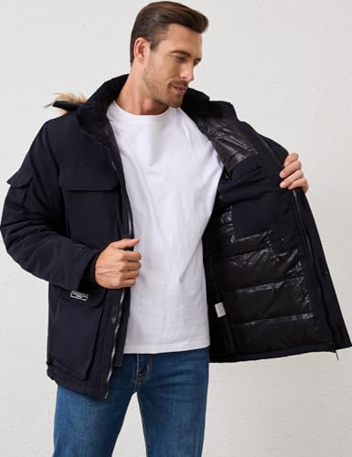 Image of Men's Hooded Puffer Jacket Winter Warm Quilted Parka Windbreaker Multi-Pockets Padded Coat with Faux Fur Removable Hood(Navy-M)