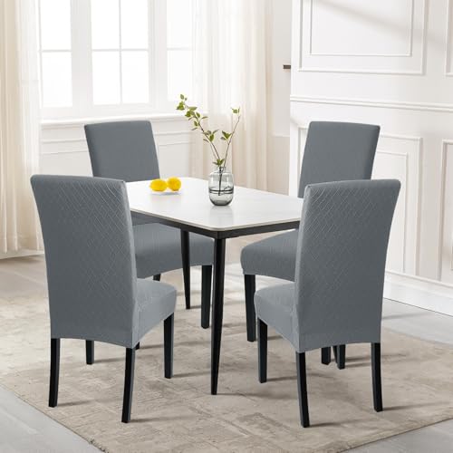Image of SearchI Dining Room Chair Covers Set of 2, Stretch Jacquard Parsons Chair Slipcovers Removable Washable Kitchen Chair Protector Cover for Dining Room, Hotel, Ceremony (Gray Rhombus)
