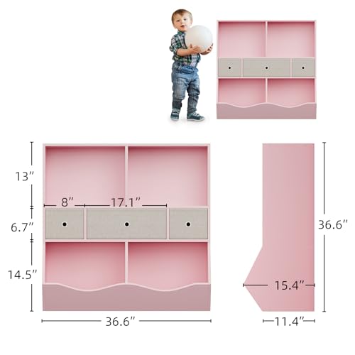 Amyove Kids Bookshelf and Bookcase Toy Storage Multi Shelf with Cubby Organizer Cabinet and Drawers for Boys Girls, for Children's Room, Playroom, Hallway, Kindergarten, School (Light Pink)