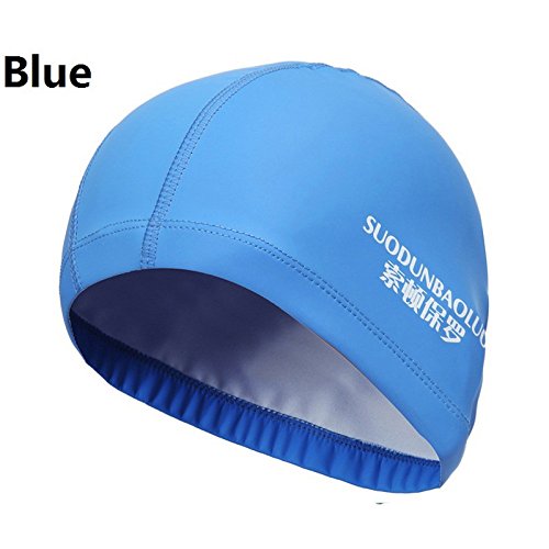 Aogolouk Bonnet de bain élastique imperméable et respirante revêtement PU Tissu Protect Ears Cheveux longs pour hommes et femmes adultes (Bleu, M)
