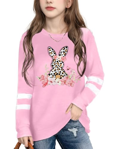 Image of Ithalt Kids Easter Shirts for Girls Cute Bunny Graphic Tshirt Easter Long Sleeve Tops 5-14y