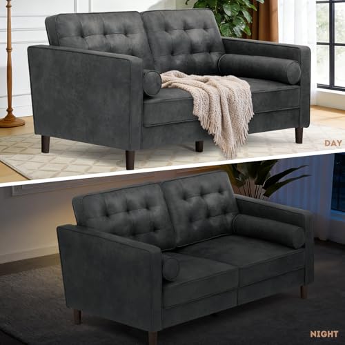 Image of 67 inch Suede Leather 2 Seater Sofa with Two Bolster Pillows, Grey | Tufted Sofa with Wooden Legs, Mordern Couch for Living Room, Office, Apartment