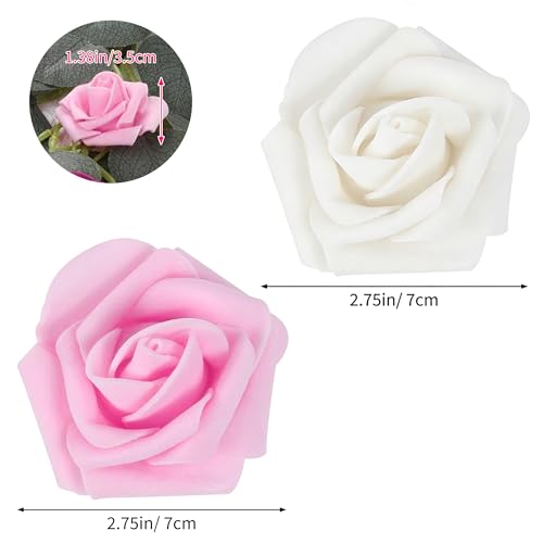Image of 100Pcs Real Looking Pink and White Blend Artificial Rose Flower Heads, Foam Fake Roses for DIY Wedding Decorations Baby Shower Centerpieces Home Party Valentine's Day Mother's Day Decor