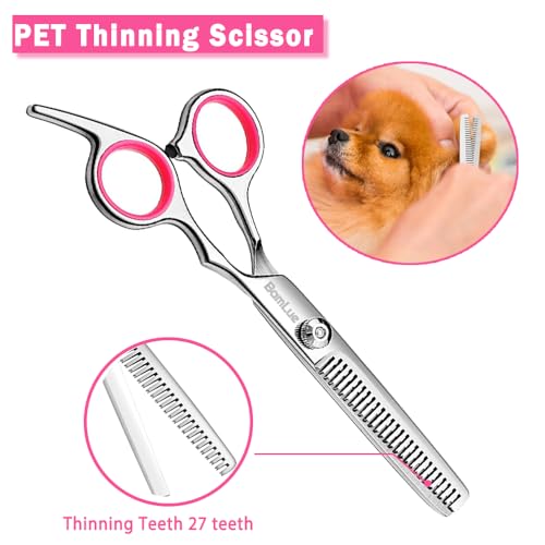 Bamlue 6 in 1 Professional Stainless Steel 4CR Safety Round Tip Dog Grooming Scissors, Anti-Rust Shears Cat Grooming Scissors Pet Kit, Thinning Straight Comb for Long Short Hair-Pink