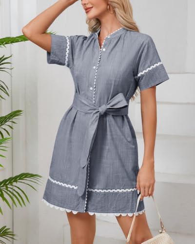 Image of Women's Summer Shirt Dress Short Sleeve Button Down Mini Tie Waist Belted Tunic with Pockets RIC Rac Trim