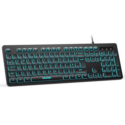 TECKNET Wired USB Keyboard, Backlit 7-Colors & Adjustable Brightness,Full-Size Keyboard with Numeric Keypad, Spill-Resistant Design, QWERTY UK Layout, Compatible with PC Laptop Desktop Windows