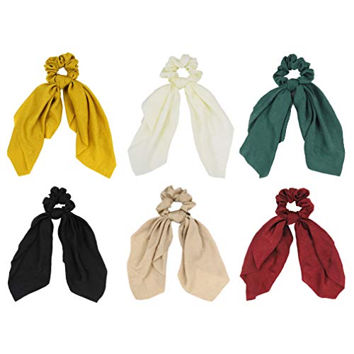 Satin Hair Scarf Scrunchies for Women Elastic Hair Bobbles Soft Fabric Scarf Scrunchie Bow Turban Headband Girls Ponytail Holder Hair Styling Accessories Pack of 6pcs