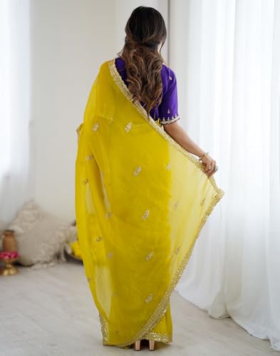 Image of SIRIL Women's Tissue Silk Scalloped Border Embroidery Saree with Unstitched Blouse Piece