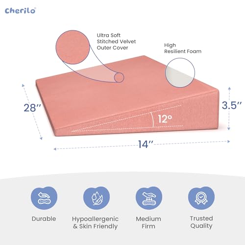 Image of Cherilo Full Size Elevated Wedge Pillow for Baby Crib & Mattress, Helps to Elevate Baby for Acid Reflux, Colic, GERD, Heat Burn & Vomiting | 28 inch x 14 inch x 3.5 inch | - with Removable Velvet Cover - Peach