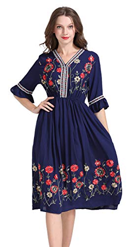 Shineflow Women's Short Sleeve Mexican Embroidered Floral Pleated Midi A-Line Cocktail Dress(Blue,L) #TOP6