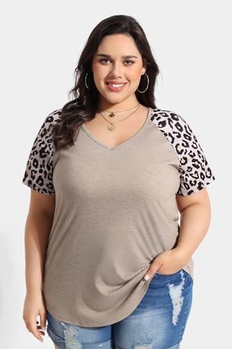 Image of CARCOS Plus Size Tops for Women Short Sleeve Raglan Striped Tee Color Block Crewneck /V Neck Tunic Loose Fit Summer XL-5XL